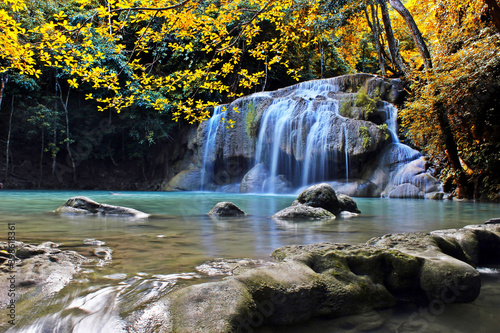 Waterfall in autumn forest at Erawan waterfall National Park  Thailand