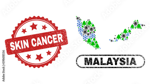 Vector Covid New Year collage Malaysia map and Skin Cancer corroded seal. Skin Cancer stamp uses rosette shape and red color. Collage Malaysia map is formed with randomized Covid-2019, frost,