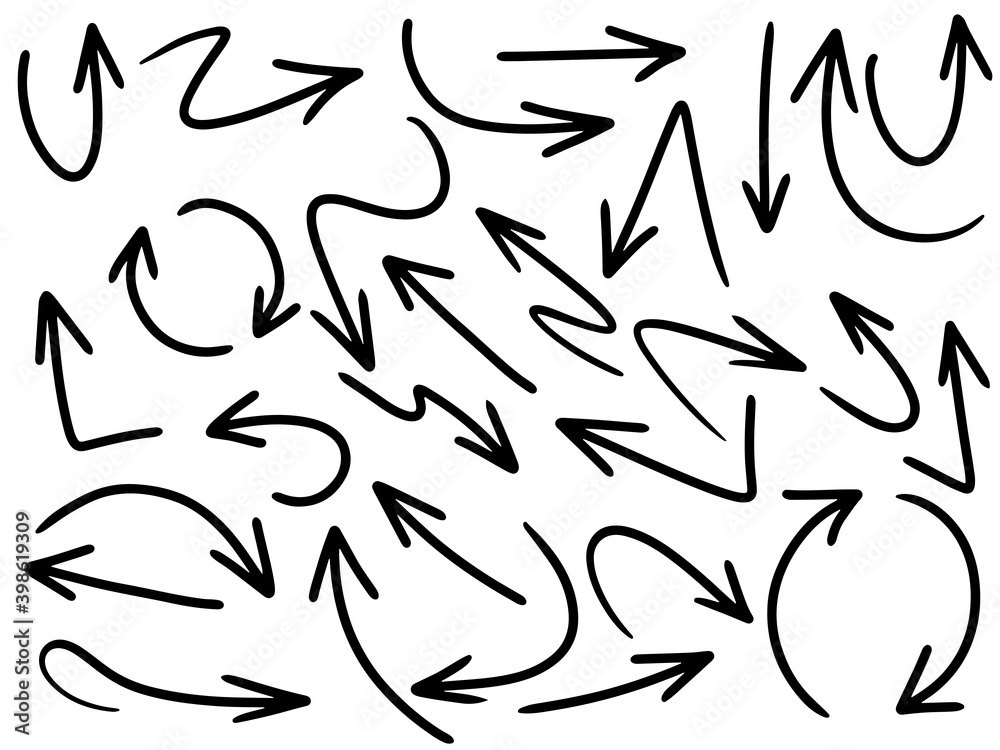 hand drawn arrow icon set isolated on white background. Doodle vector illustration.