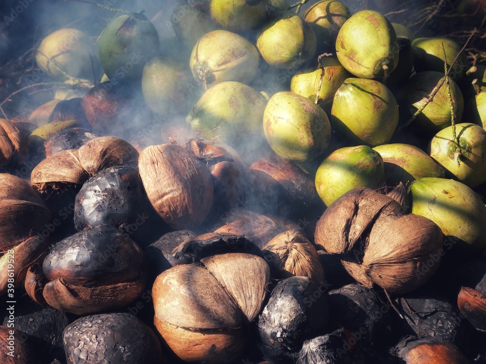 Coconut burning in Thailand to add aroma and special taste that is