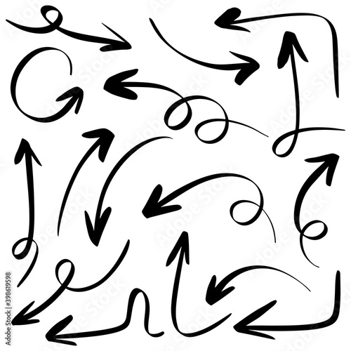 hand drawn arrow icon set isolated on white background. Doodle vector illustration.