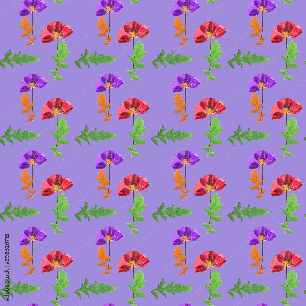 Poppy. Illustration, texture of flowers. Seamless pattern for continuous replication. Floral background, photo collage for textile, cotton fabric. For use in wallpaper, covers.