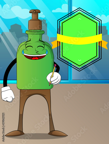 Cartoon bottle of hand sanitizer gel for hygiene with face holding a pencil in his hand.