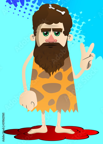 Cartoon man from a prehistoric era showing the V sign, peace hand gesture. Vector illustration of a man from the stone age.