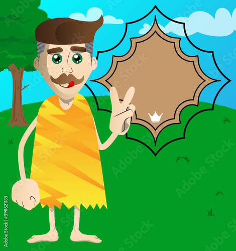 Cartoon man from a prehistoric era showing the V sign, peace hand gesture. Vector illustration of a man from the stone age.