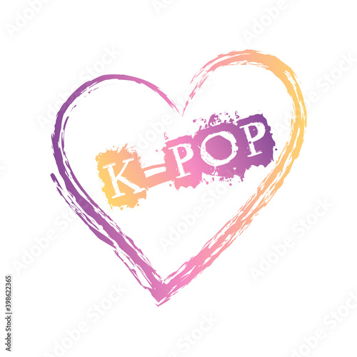Colorful k-pop lettering with a Hand-drawn heart. Isolated sticker in a modern purple-yellow gradient . Design of postcard, poster, banner and t-shirt for korean pop music fans