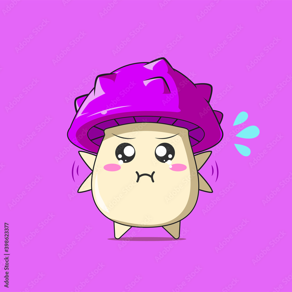 a poison mushroom character feeling annoyed isolated on purple background. a poison mushroom character emoticon illustration a poison mushroom character feeling annoyed isolated on purple background. a poison mushroom character emoticon illustration