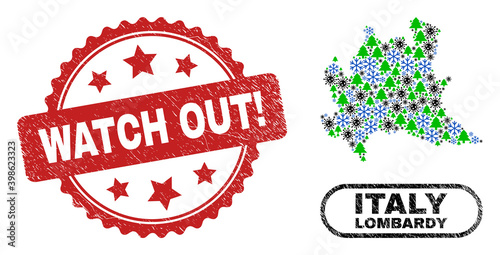 Vector Covid New Year mosaic Lombardy region map and Watch Out! textured stamp. Watch Out! imprint uses rosette shape and red color. Collage Lombardy region map is organized with scattered Covid-2019,