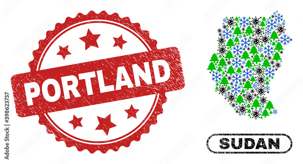 Vector pandemic winter collage Sudan map and Portland rubber stamp print. Portland stamp seal uses rosette shape and red color. Collage Sudan map is composed from scattered viral, snow flake, Vector pandemic winter collage Sudan map and Portland rubber stamp print. Portland stamp seal uses rosette shape and red color. Collage Sudan map is composed from scattered viral, snow flake,
