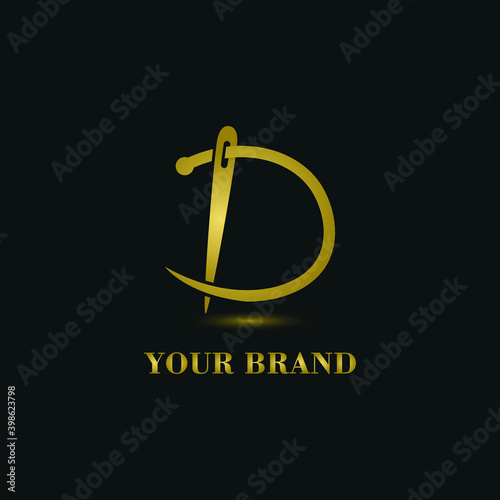 elegant Initial D letter typography with needle for sewing, hand made, fashion business logo