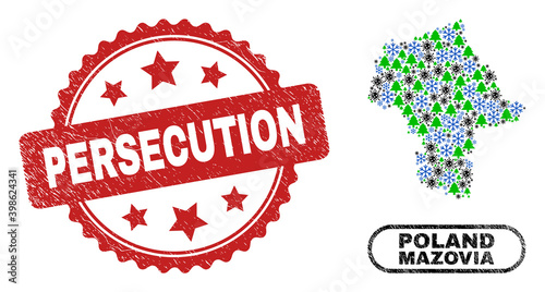 Vector Covid New Year collage Masovian Voivodeship map and Persecution scratched stamp imitation. Persecution stamp uses rosette shape and red color.