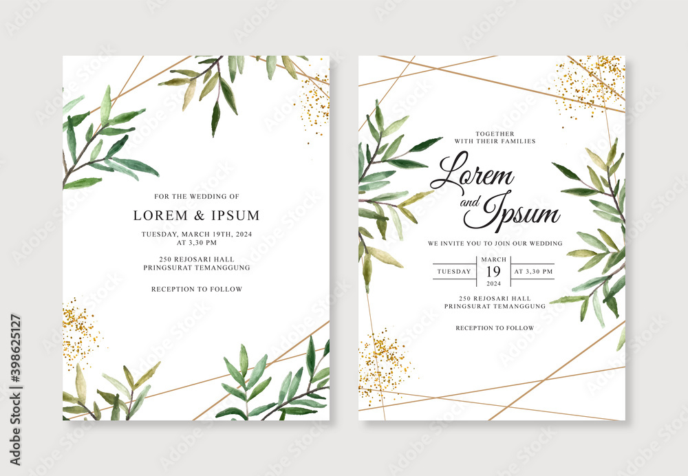 Obraz Geometric gold for wedding invitation with watercolor foliage