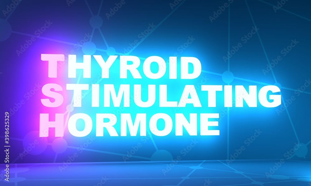 TSH - Thyroid stimulating hormone acronym. Medical concept background. 3D rendering. Neon bulb illumination