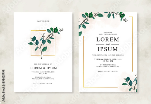 Beautiful wedding invitation with watercolor leaves