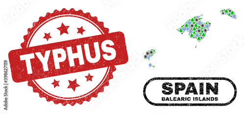 Vector Covid New Year combination Balearic Islands map and Typhus grunge stamp. Typhus stamp seal uses rosette shape and red color. Collage Balearic Islands map is constructed of random flu virus,