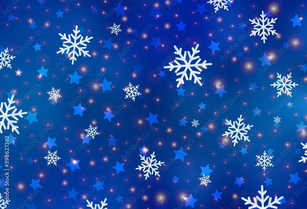 Light BLUE vector template with ice snowflakes, stars.