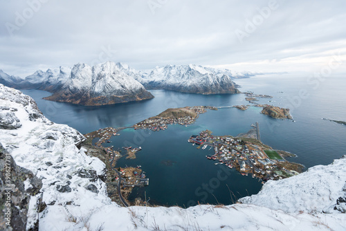 Landscape top view of Raine village and mountain islands from the peak of reinebringen