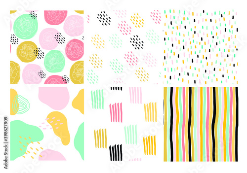 A set of hand-drawn circular pattern of the brush stroke. Vector seamless pattern of geometric texture shapes. Abstract background collection in pastel colors. Decorative print with a mosaic texture.