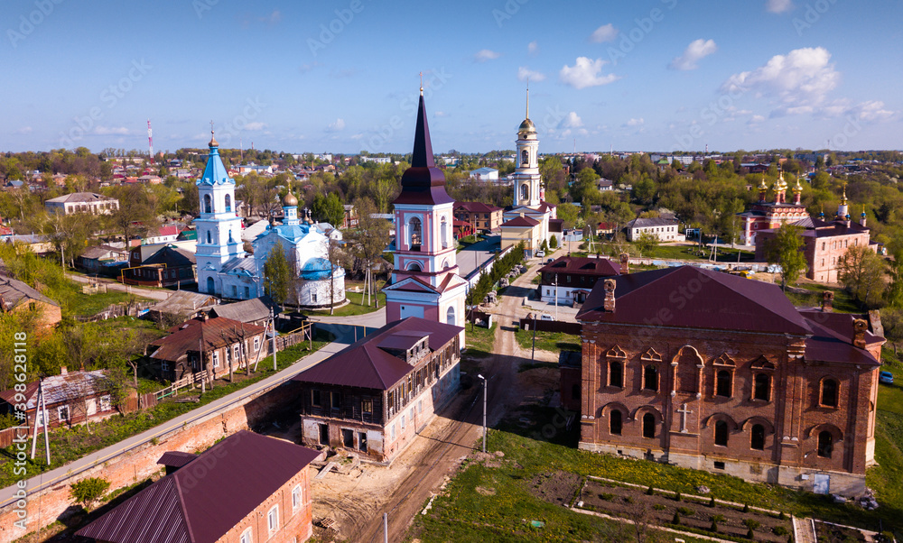 Panoramic aerial view of city of Belev with monastery and river, Tula region, Russia