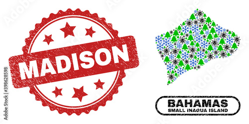 Vector coronavirus New Year composition Small Inagua Island map and Madison rubber watermark. Madison imprint uses rosette shape and red color.