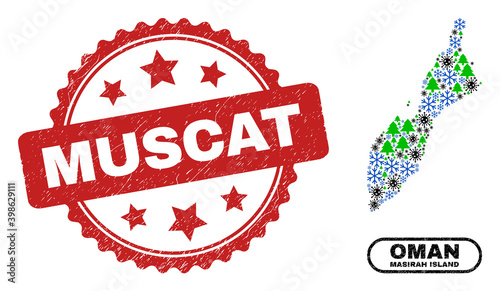Vector Covid New Year collage Masirah Island map and Muscat textured stamp seal. Muscat seal uses rosette shape and red color. Collage Masirah Island map is composed of random virus, snow flake,