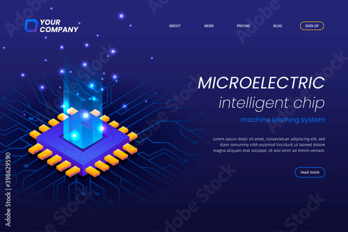 Micro electronics Circuits landing page with a bright blue light. Artificial intelligence chip landing page.