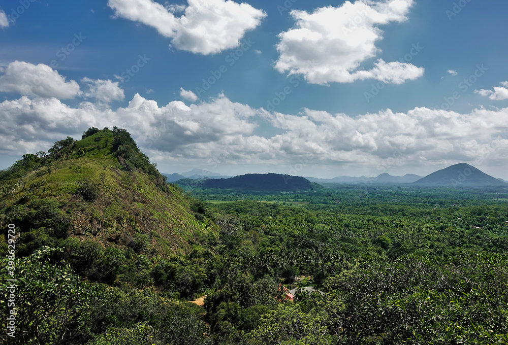 Fototapeta premium Green mountains and hills rise above the dense endless jungle. Blue sky with scenic clouds. Panorama from the top of Mount Sigiriya. Sri Lanka