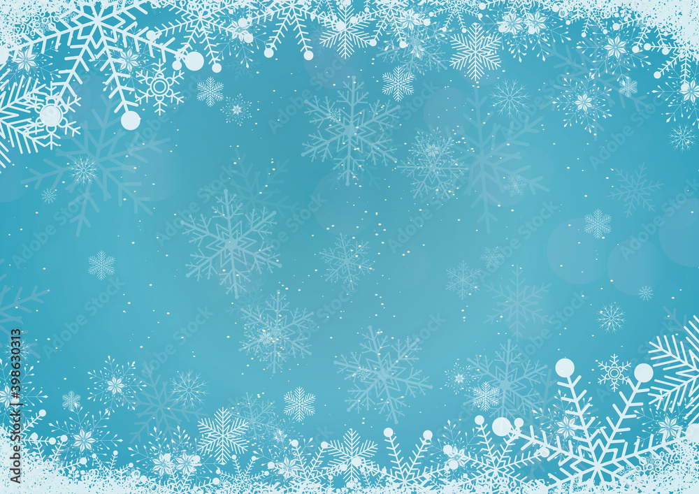 Vector winter sky blue gradient Christmas background snowflake and snow border