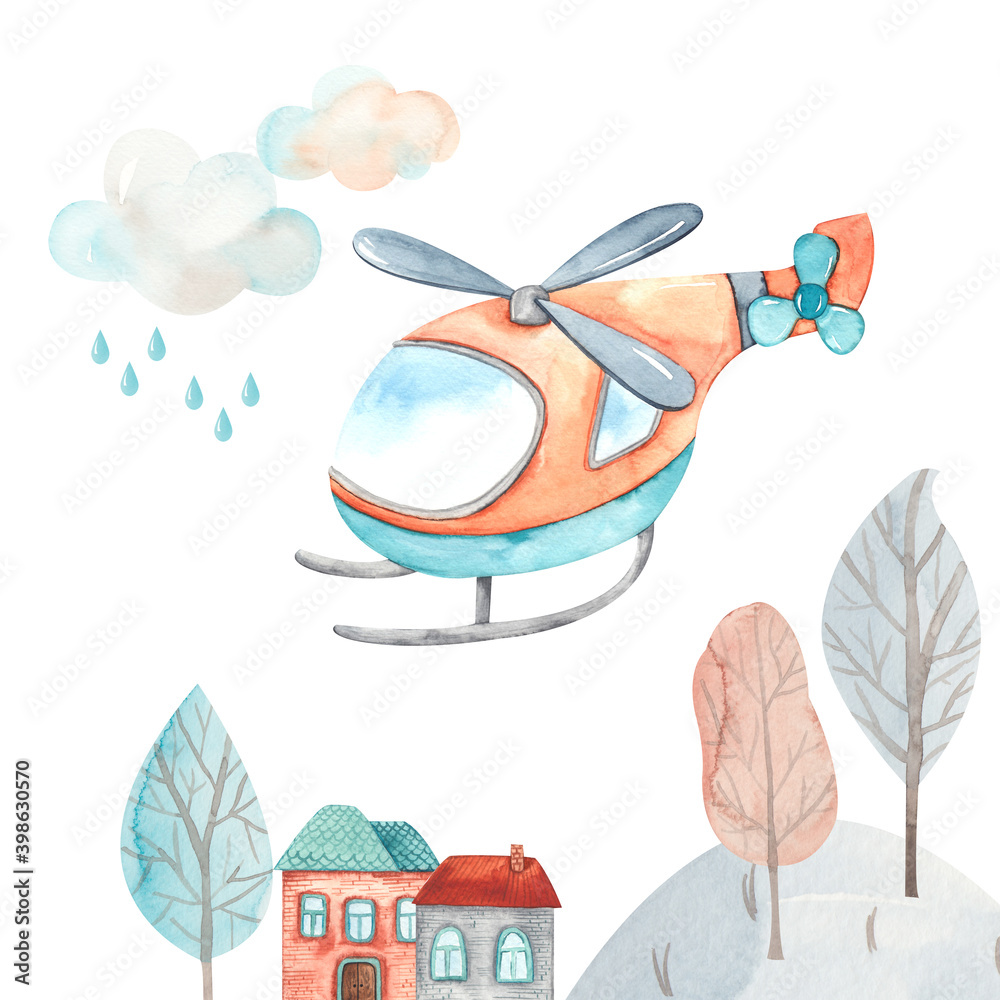 Fototapeta premium Watercolor children composition Transport by Air with helicopter, houses, trees, cloud