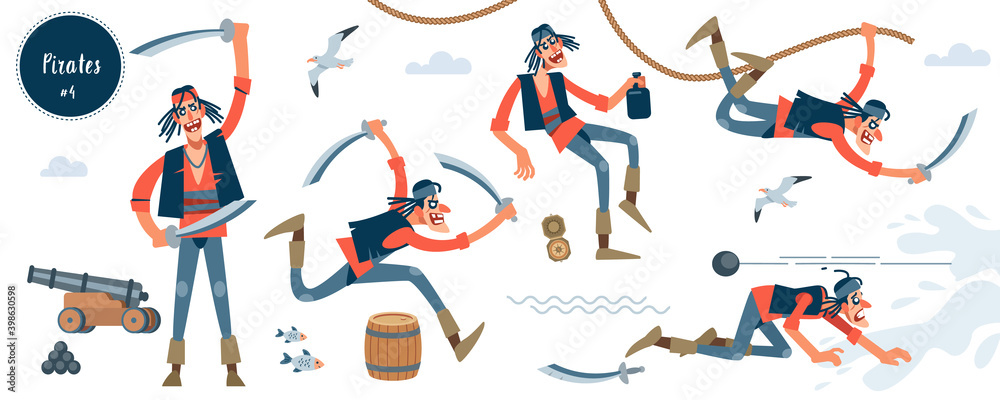Pirate. Bandit. Thin pirate character in different pose. Cartoon flat isolated vector illustration.
