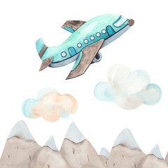 Rollo Babyzimmer Kinderflugzeug über Aquarell Bergen  © Анна Егорова