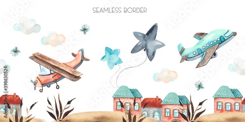 Obraz Watercolor children seamless border Transport by Air cute airplane, clouds, mountains, flags