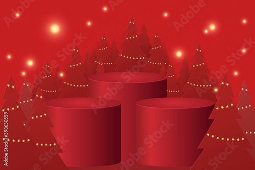 Christmas banner for present product with christmas tree on red Background. Text Merry Christmas and happy New Year.