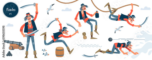 Pirate. Bandit. Thin pirate character in different pose. Cartoon flat isolated vector illustration.