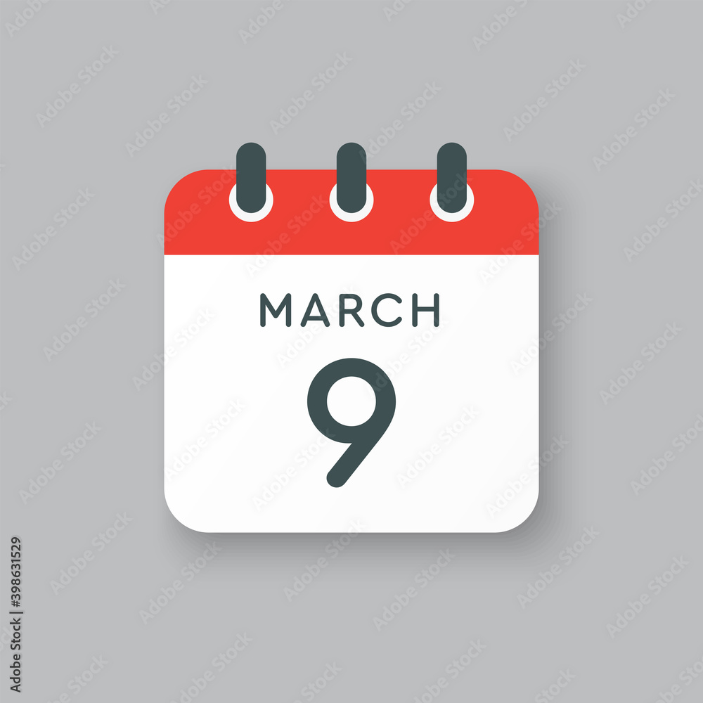 Icon day date 9 March, template calendar page