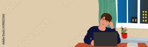 Work from home job at night. Night shift, telework, New Normal, way of working, reform of working practices, businessman, frame, copy space, vector illustration, graphic, web banner, web header