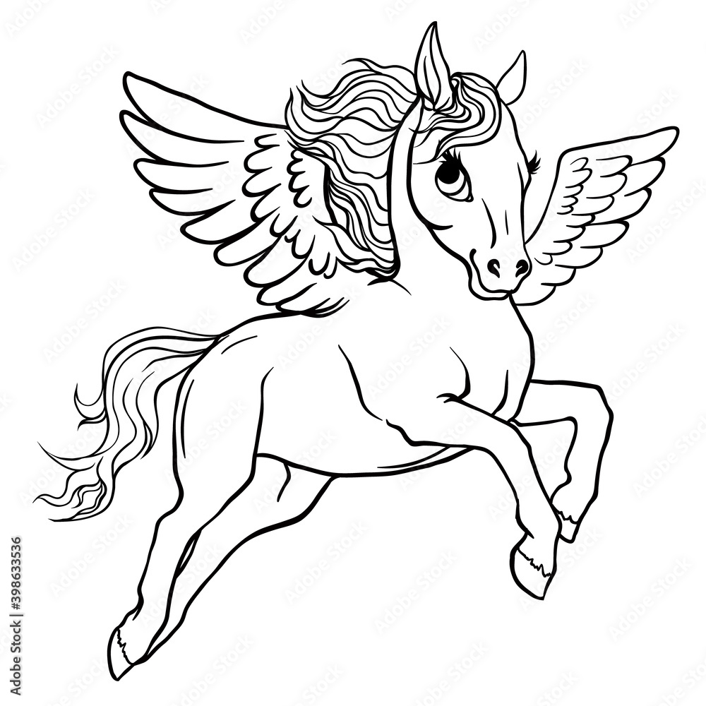 Fototapeta premium Cute pony pegasus. Vector isolated illustration. Children's coloring page for printing.