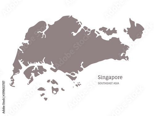 Silhouette of Singapore country map and national flag. Highly detailed gray map of Singapore  Southeast Asia country territory borders vector illustration on white background