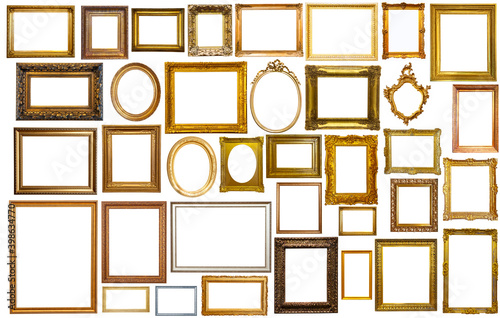 collection of isolated old fashioned empty art frames in different shapes photo