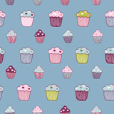 Seamless background with hand-drawn cupcakes in Doodle style. vector pattern with muffins