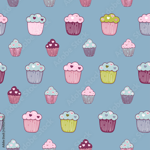 Seamless background with hand-drawn cupcakes in Doodle style. vector pattern with muffins