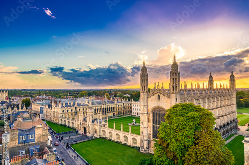 Cambridge city in England at sunset. Top view 