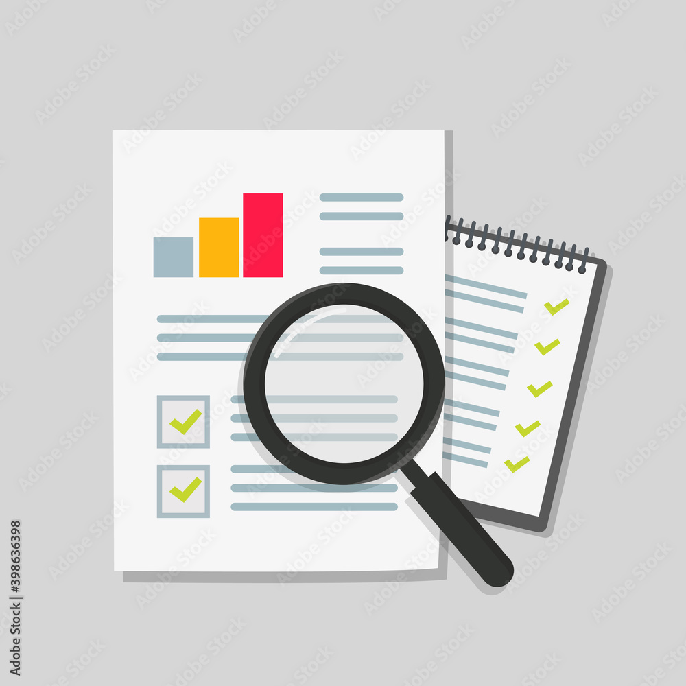 Audit or tax research or paper page list via magnifier vector icon flat cartoon Audit or tax research or paper page list via magnifier vector icon flat cartoon
