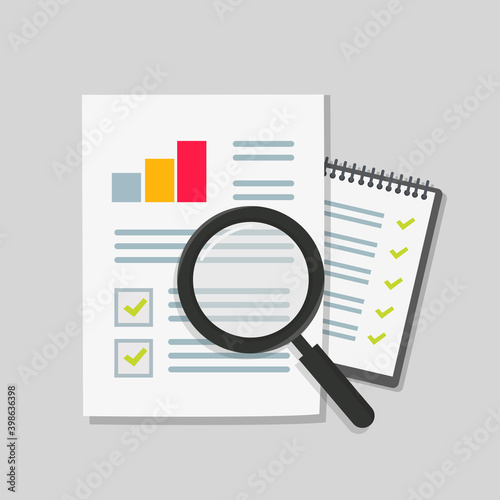 Audit or tax research or paper page list via magnifier vector icon flat cartoon 