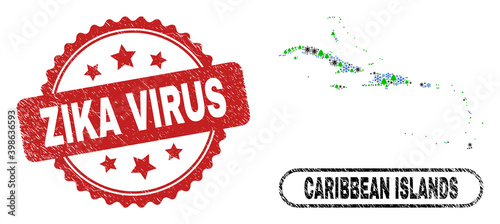 Vector pandemic New Year collage Caribbean Islands map and Zika Virus rubber stamp. Zika Virus stamp uses rosette shape and red color. Mosaic Caribbean Islands map is composed from scattered Covid,