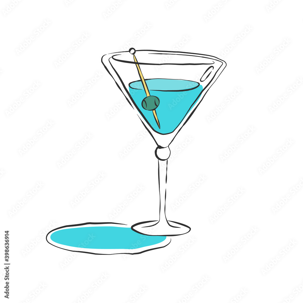 Wineglass martinie. Drink element. Color object. Retro glass wine hand draw, design for any purposes. Restaurant illustration. Simple sketch. Isolated on white background in engraving style