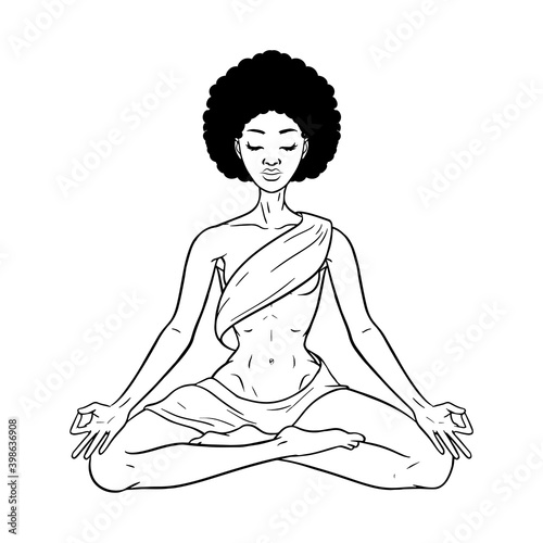 Young meditating yogi woman in lotus pose isolated on white. Beautiful black African American girl. Vector illustration