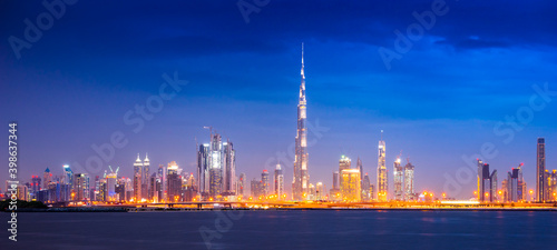 Skyline panorama of Dubai at night, UAE