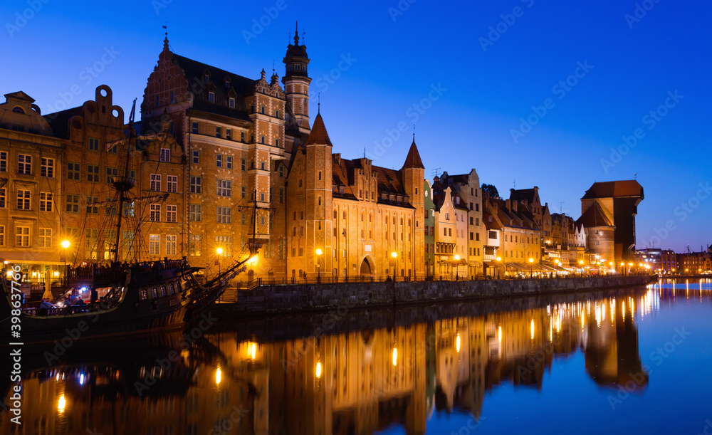 Night embankment of Moltawa River in Gdansk in the Poland.