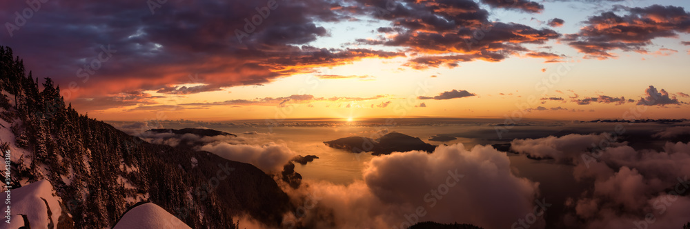 St Mark's Summit, in Howe Sound, North of Vancouver, British Columbia, Canada. Panoramic Canadian Mountain Landscape View from the Peak. Dramatic Winter Sunset Sky Art Render.